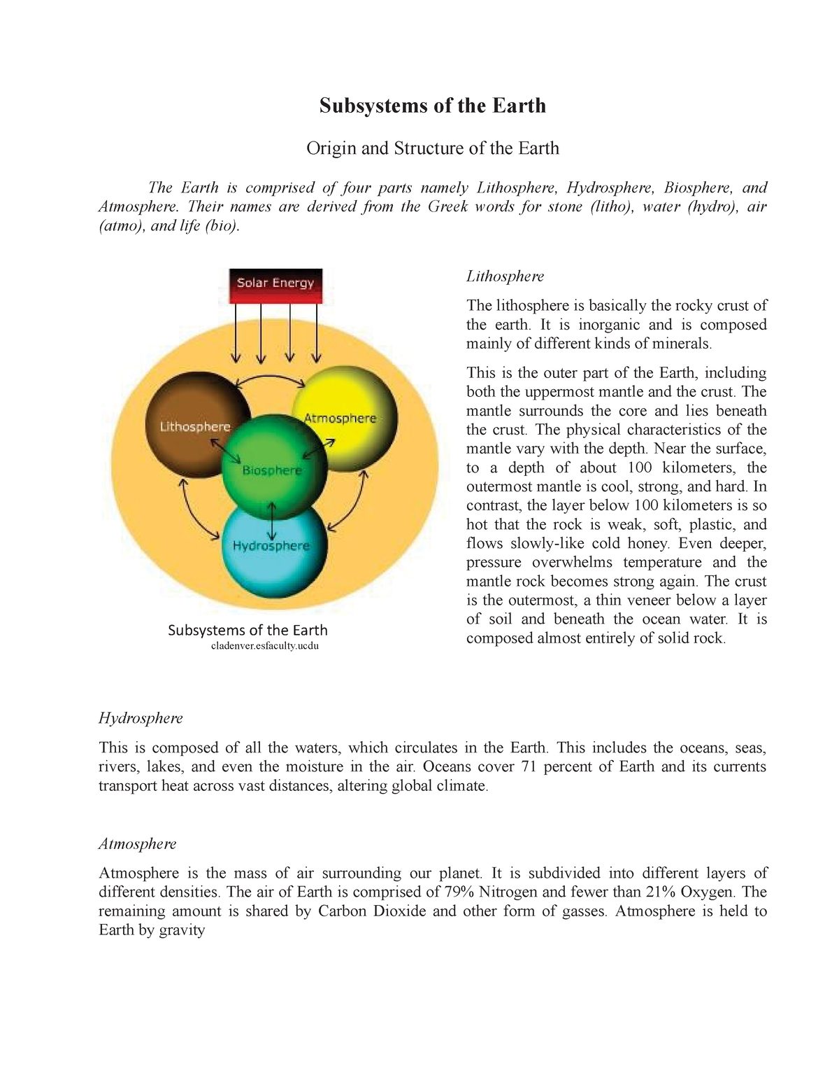 essay about subsystem of the earth