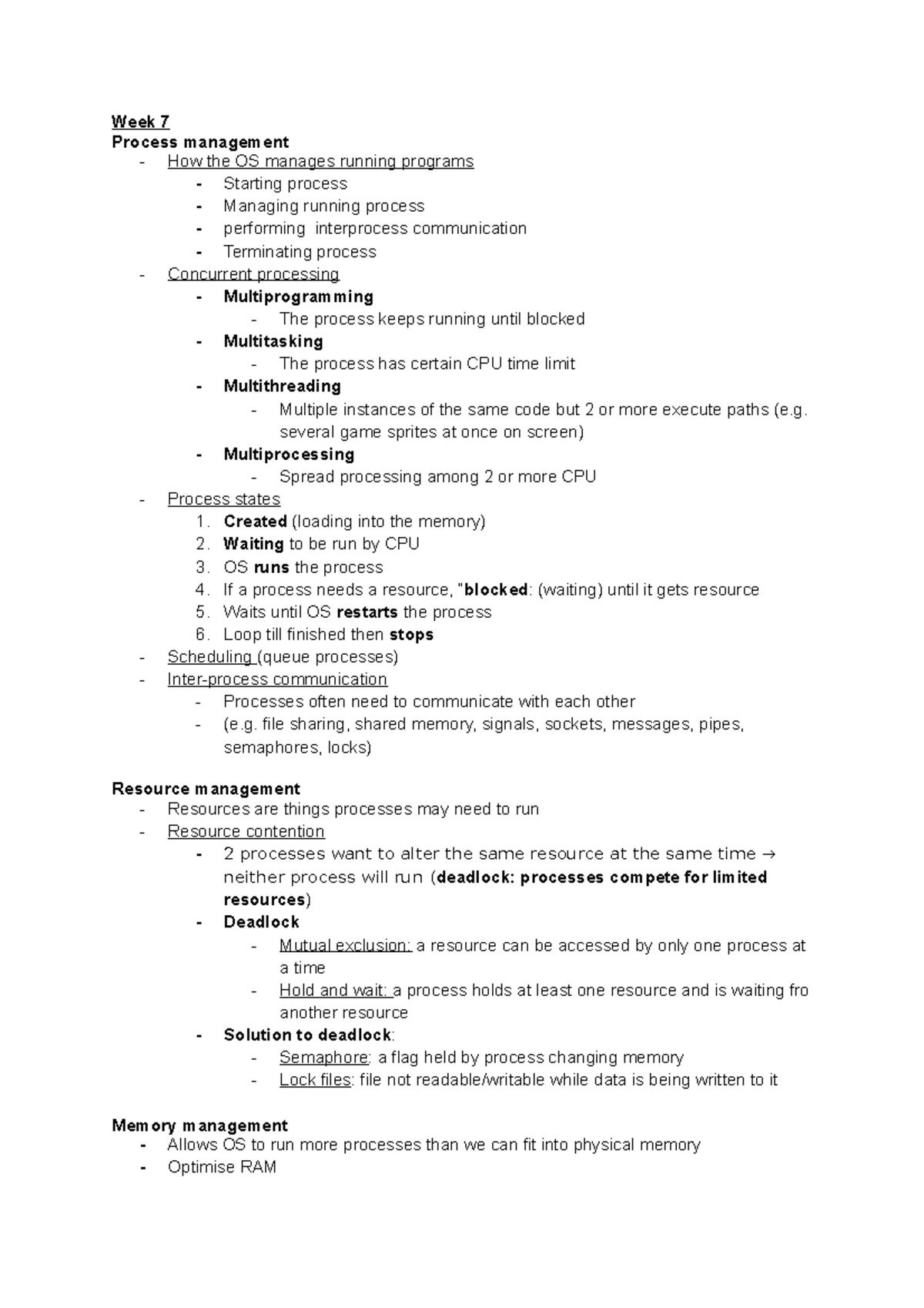 Web syst week 7 onwards notes - Week 7 Process management - How the OS ...