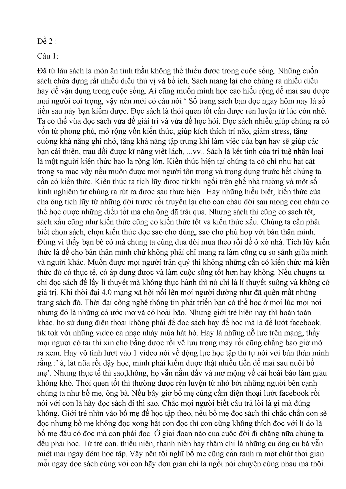 Bài dự thi cuộc thi đại sứ văn hóa đọc - Đề 2 : Câu 1: Đã từ lâu sách là món ăn tinh thần không thể - Studocu