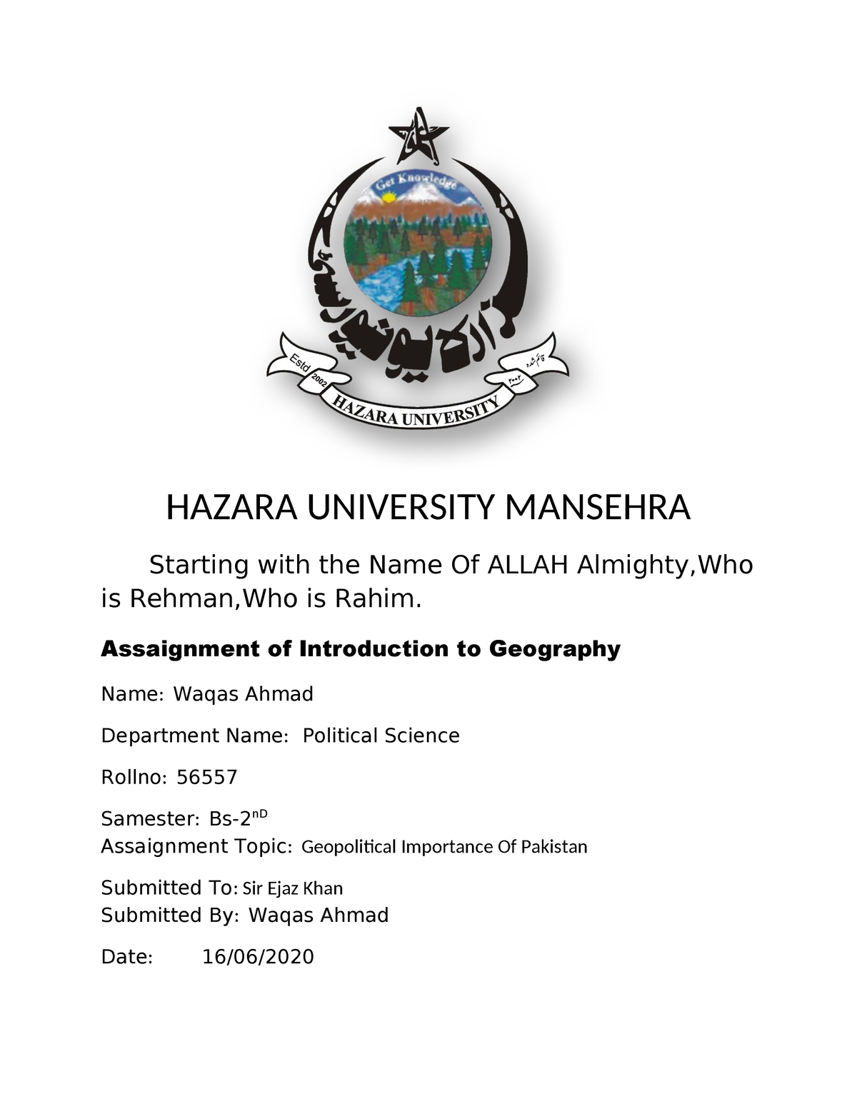 hazara university assignment front page