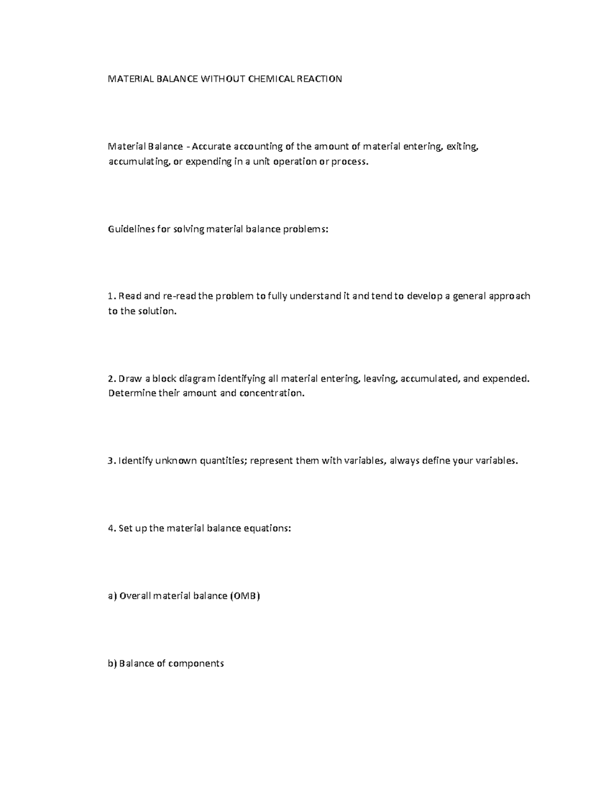 Continuation Ch ECalc Ulations - MATERIAL BALANCE WITHOUT CHEMICAL ...