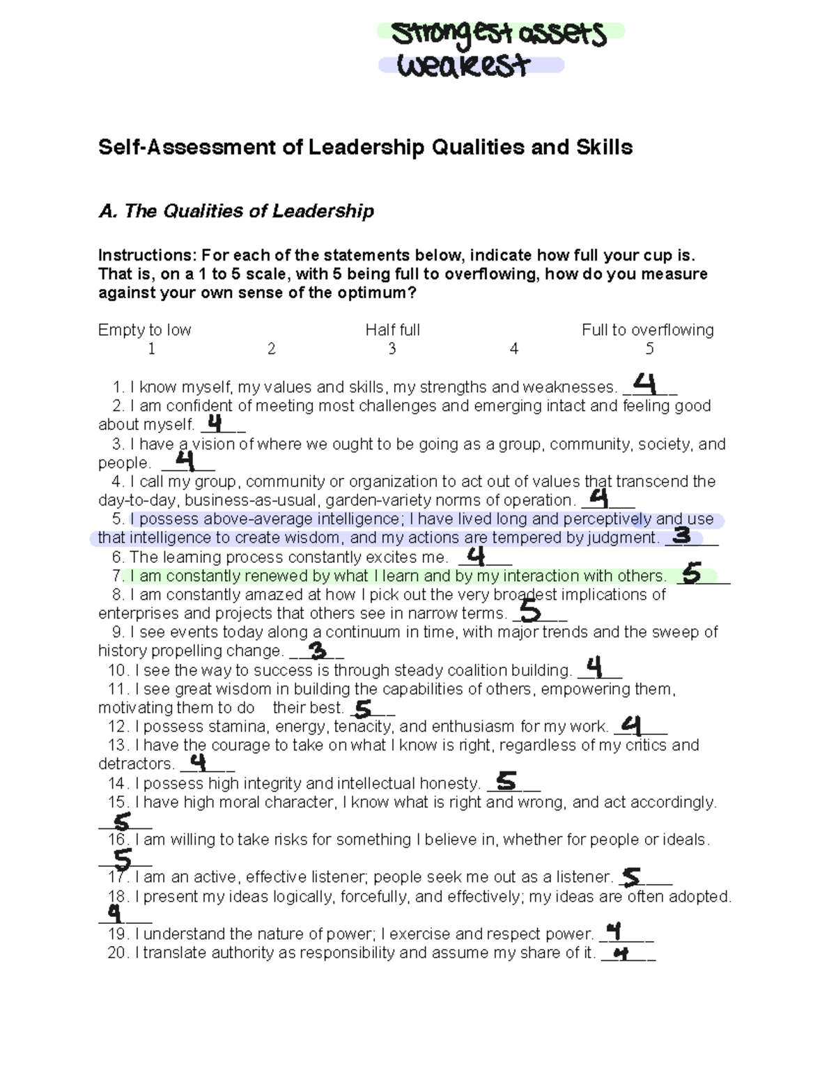 Self Assessment 11 - Self-Assessment of Leadership Qualities and Skills ...