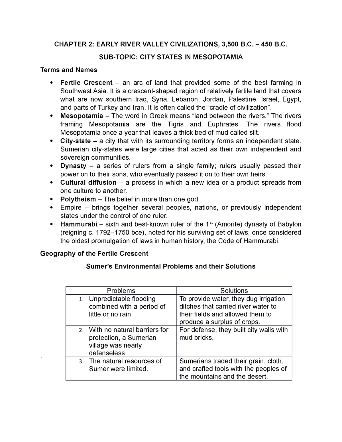 Chapter 2 Comprehensive Notes - CHAPTER 2: EARLY RIVER VALLEY ...