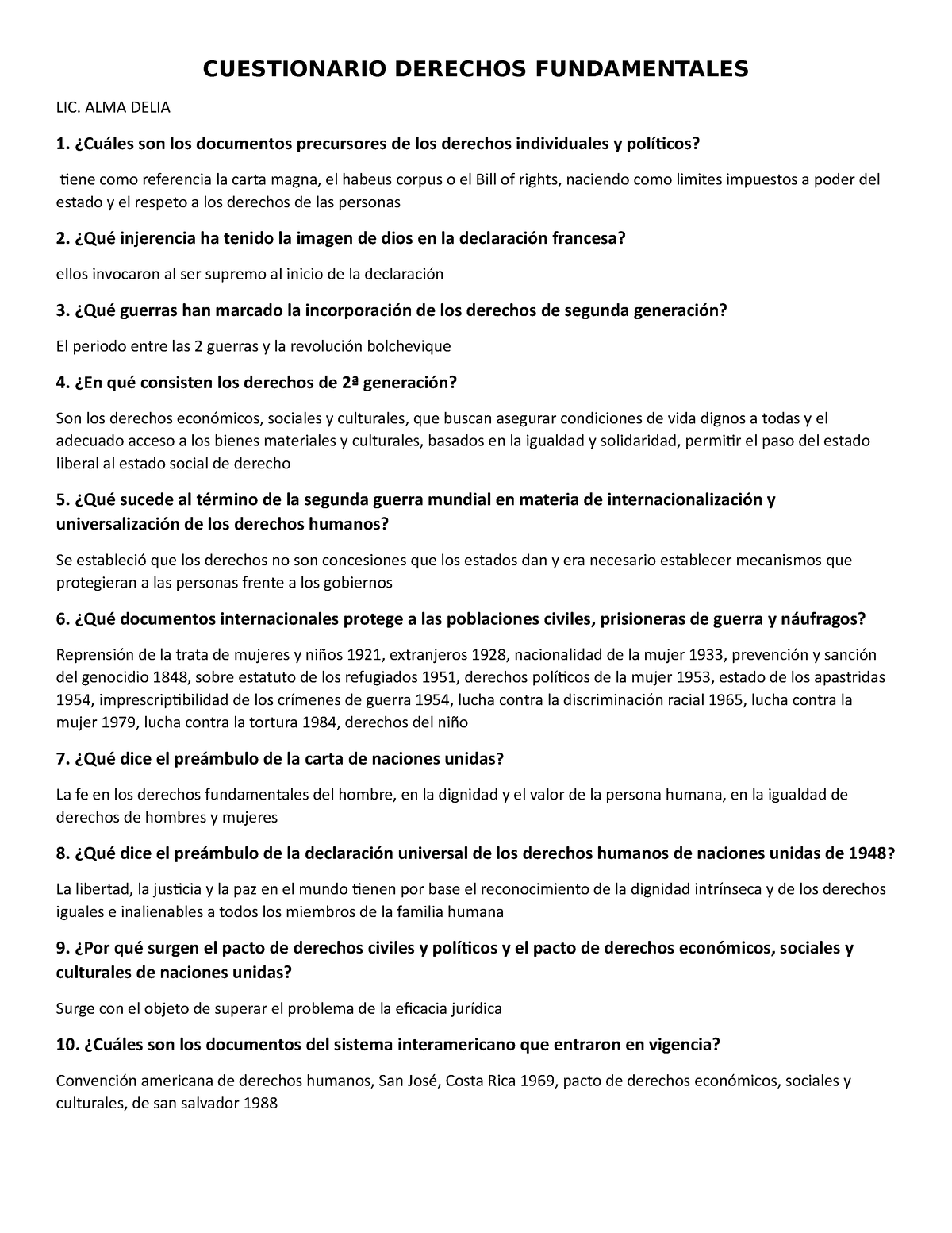 Derechos Fundamentales - CUESTIONARIO DERECHOS FUNDAMENTALES LIC. ALMA ...