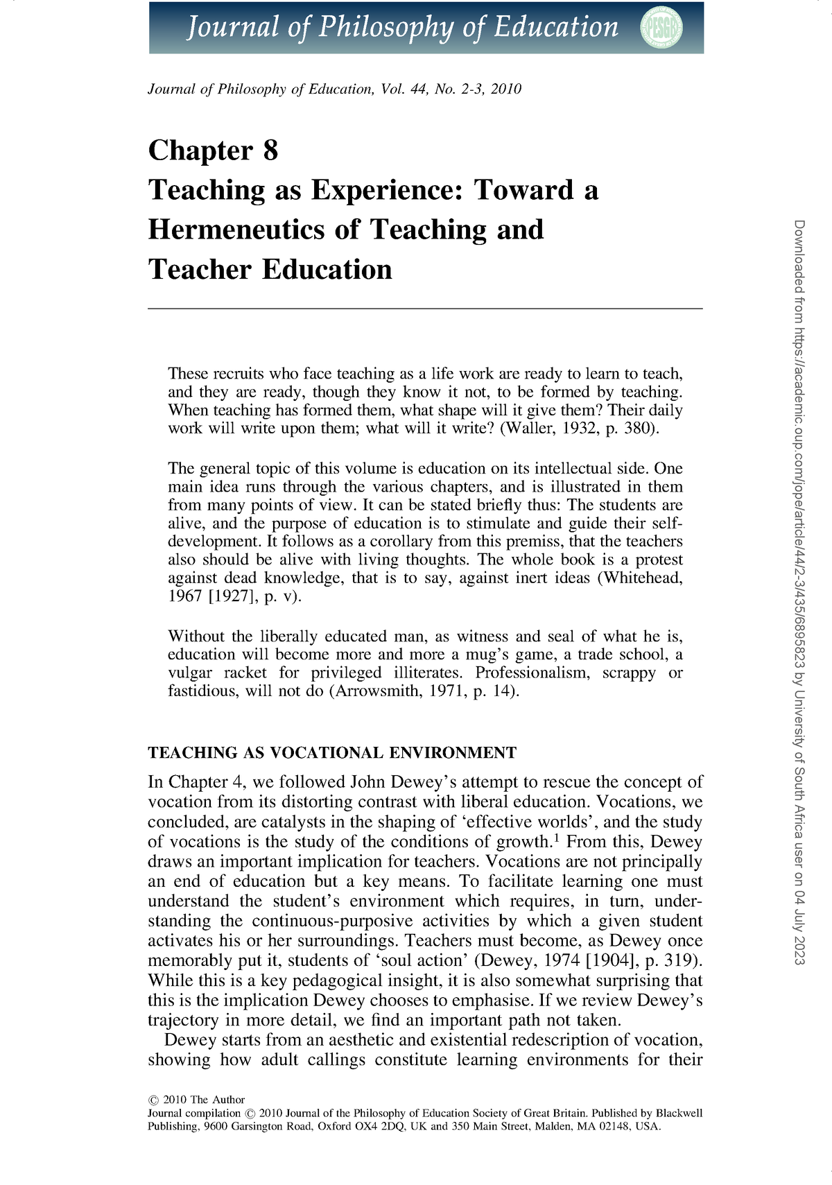 5 Higgins C 2010 Teaching experience toward a hermeneutic of teaching ...