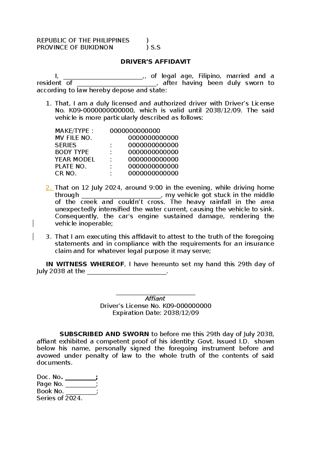 Driver's Affidavit - This document must be completed in the presence of ...
