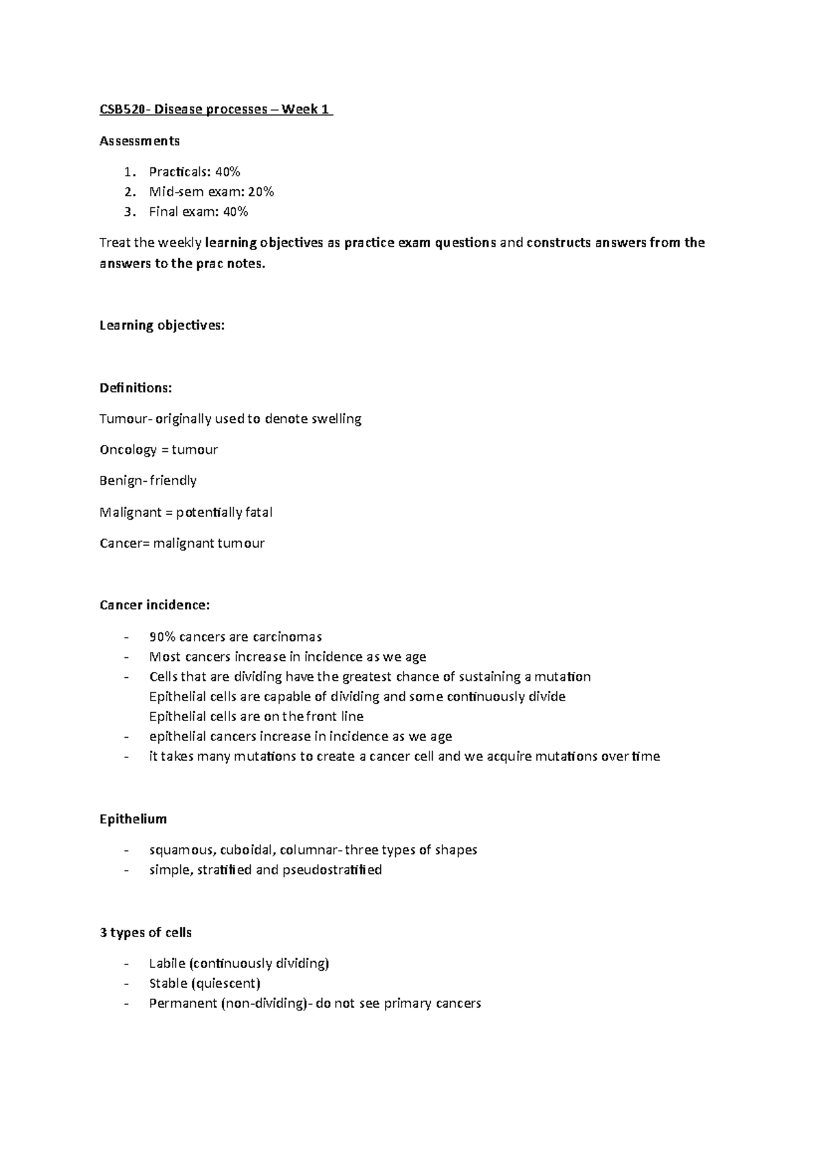 Week 1 lecture notes - CSB520- Disease processes – Week 1 Assessments 1 ...