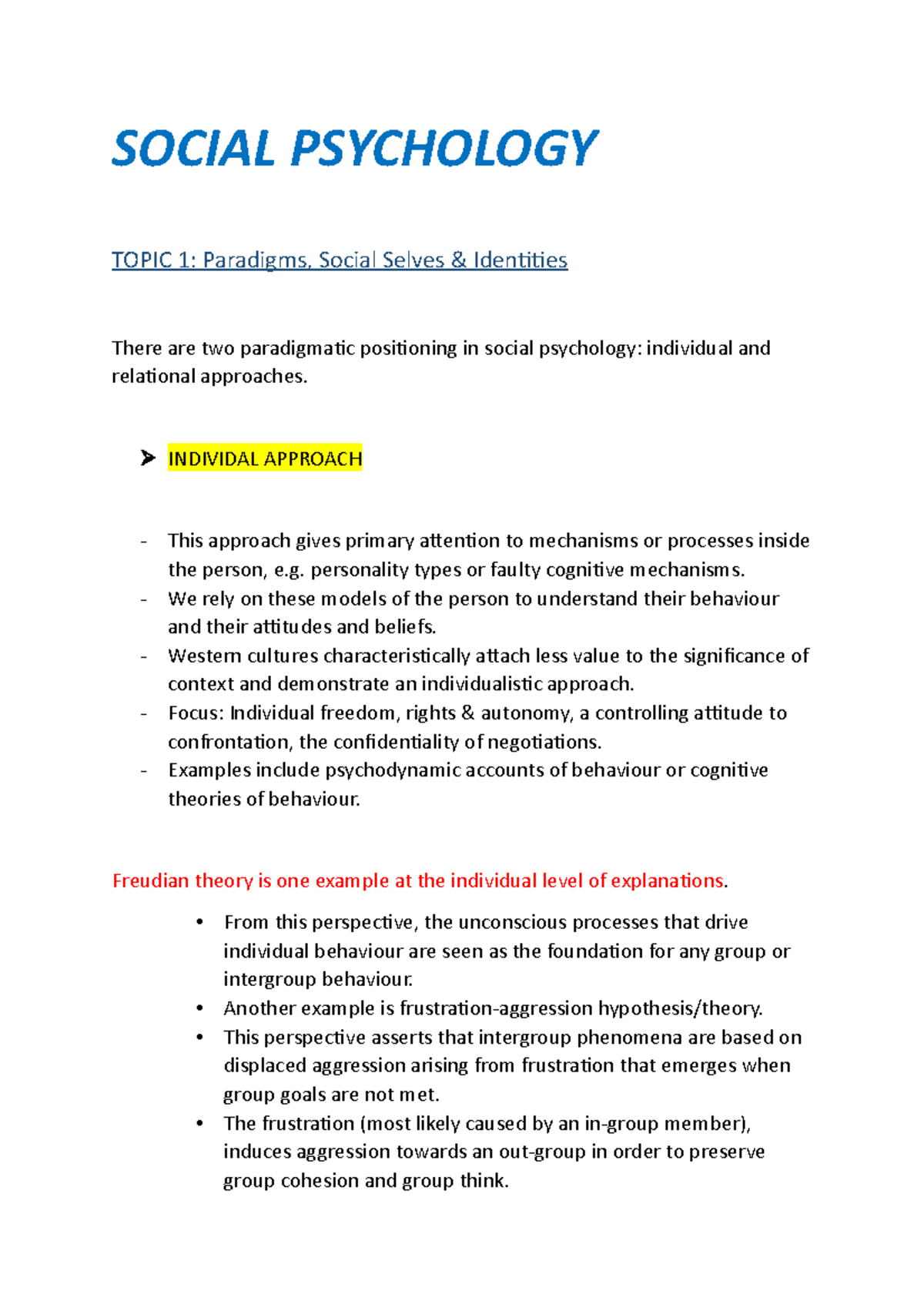 Social Psychology summaries - SOCIAL PSYCHOLOGY TOPIC 1: Paradigms ...