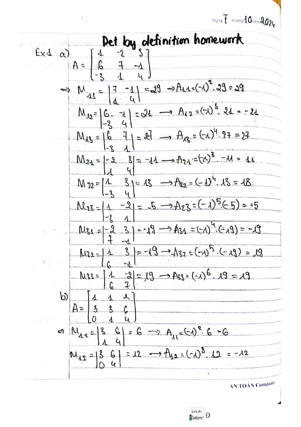 Det by definition homework - A12 O A22 A32 2nd cd 2 3 7 4 e) det(A ...