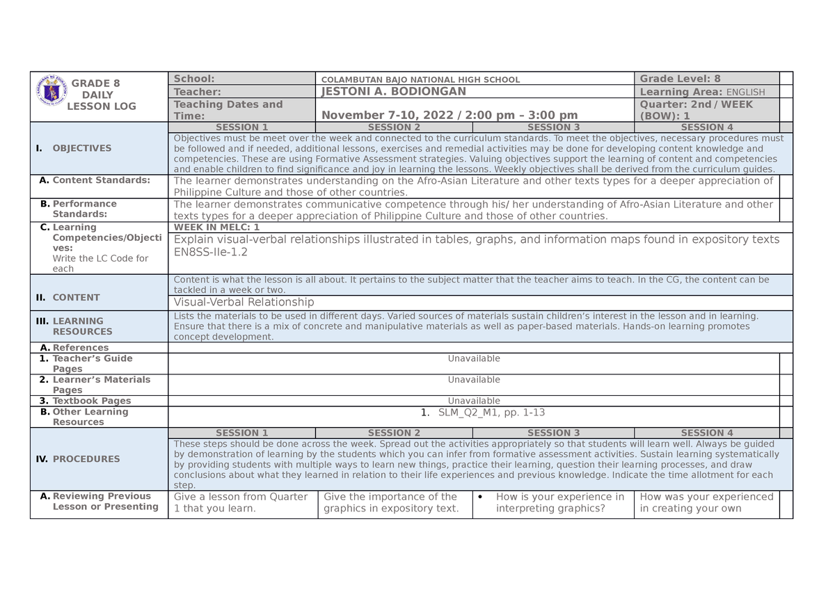 ENG8 Q2 W1 - DLL - GRADE 8 DAILY LESSON LOG School: COLAMBUTAN BAJO ...