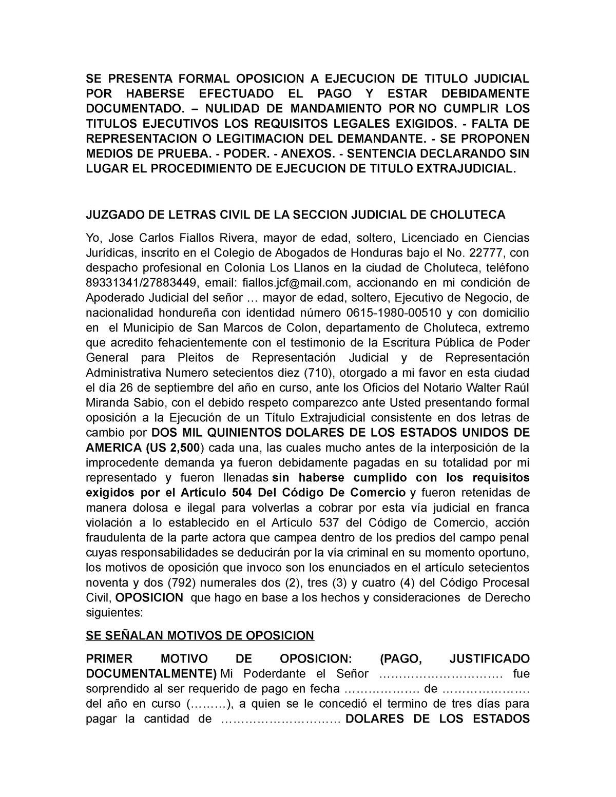 Oposicion Titulo Judicial Se Presenta Formal Oposicion A Ejecucion De Titulo Judicial Por 6835