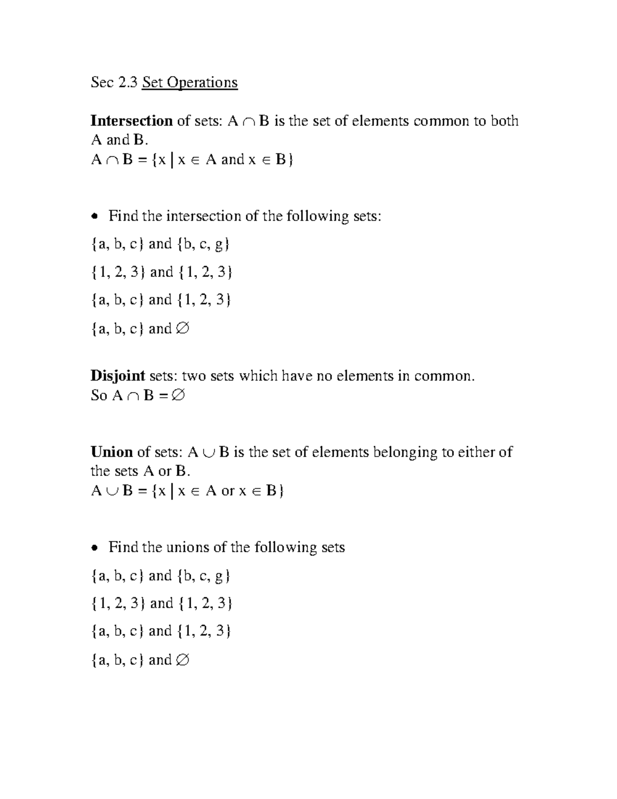 2 - Lecture notes 2(2.3) - Sec 2 Set Operations Intersection of sets: A ...