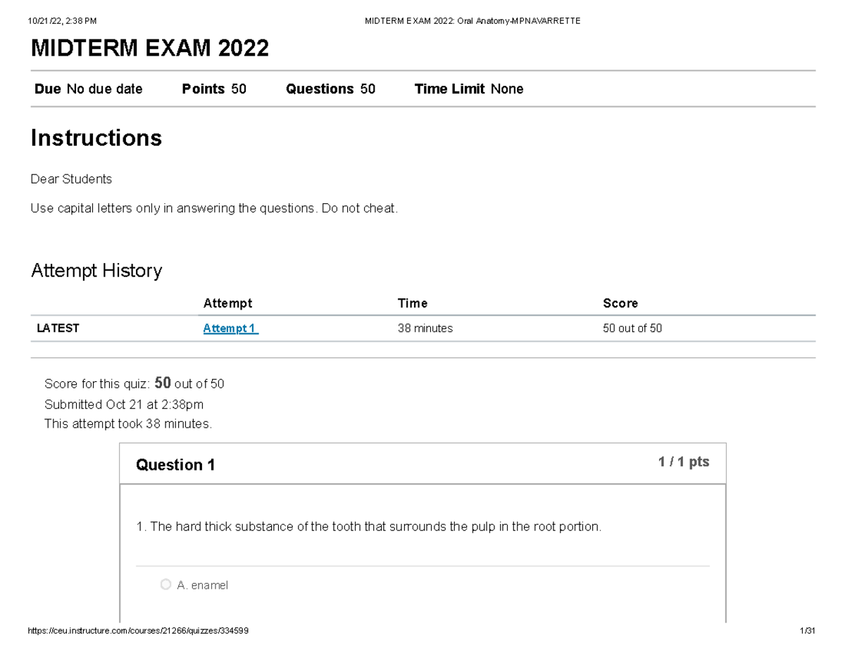 OralAnatomy reviewer MIDTERM EXAM 2022 Due No due date Points 50