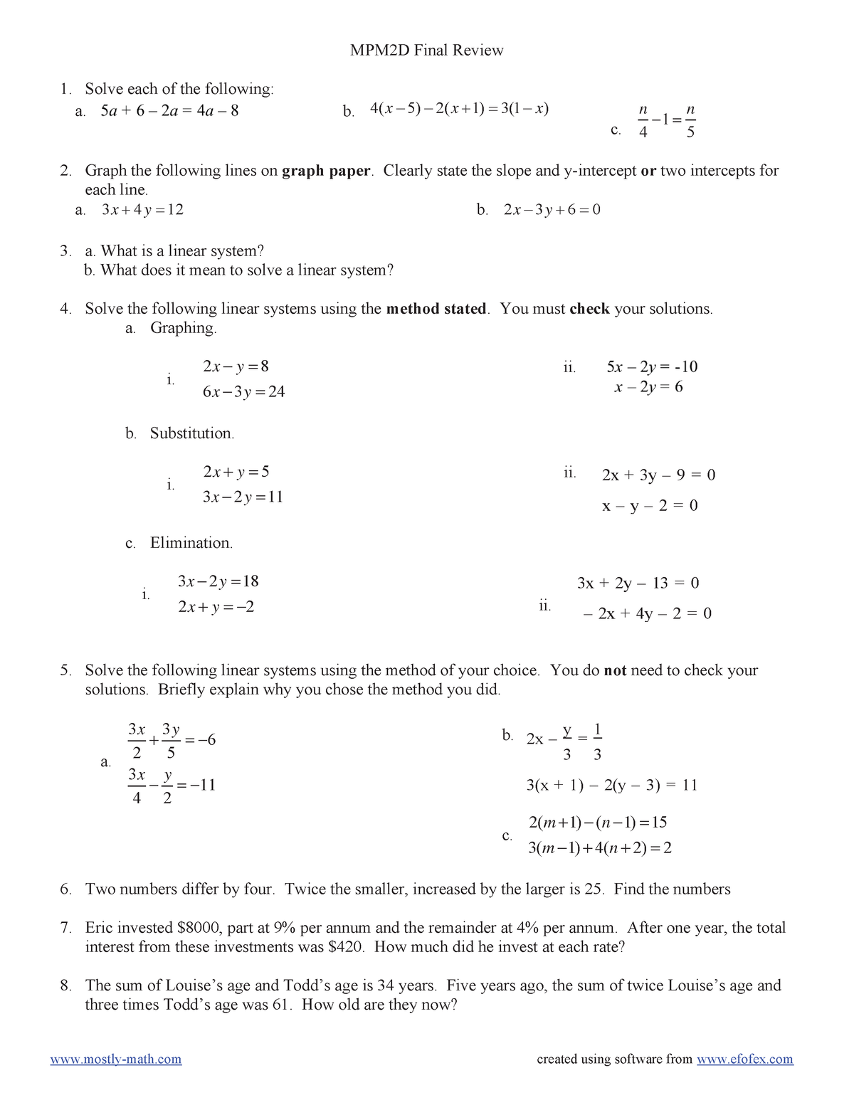 Grade 10 Math Review - Solve each of the following: a. b. 4( x 5) 2( x ...