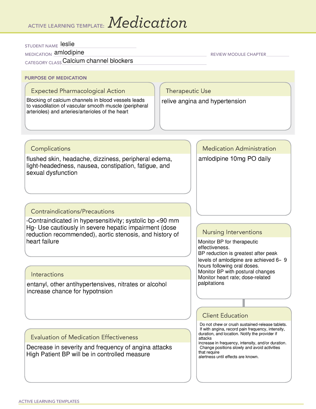 ATI Medication Template Amlodipine ACTIVE LEARNING TEMPLATES