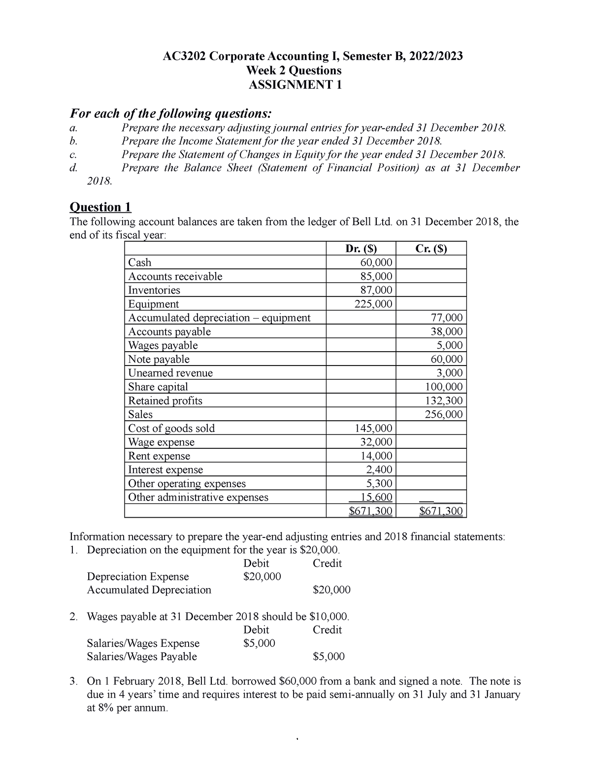 Lecture 2 Example Questions Assignment 1 - AC3202 Corporate Accounting ...