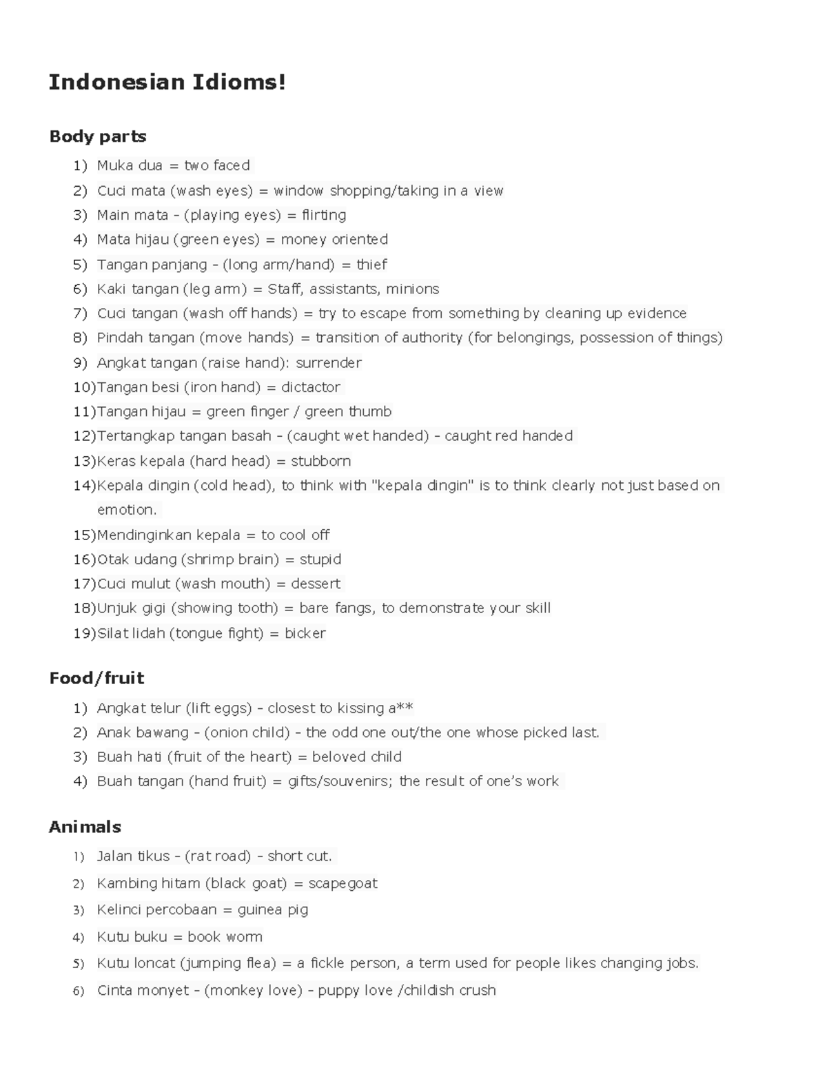 Idioms list Indonesian language - Indonesian Idioms! Body parts Muka ...