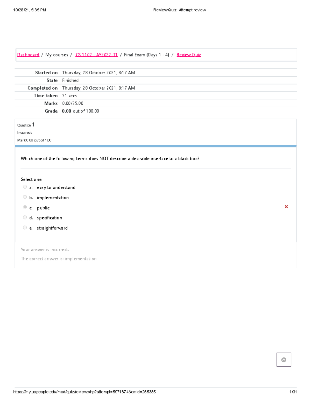 Review Quiz 6 - practice quiz - Started on Thursday, 28 October 2021, 8 ...