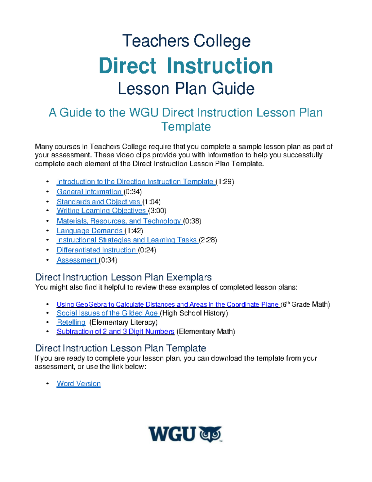 Lesson Plan Guide - Teachers College Direct Instruction Lesson Plan ...
