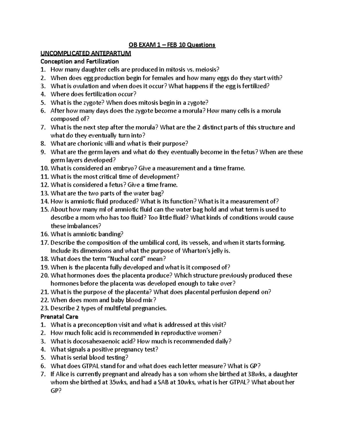 OB EXAM 1 Questions - OB EXAM 1 – FEB 10 Questions UNCOMPLICATED ...