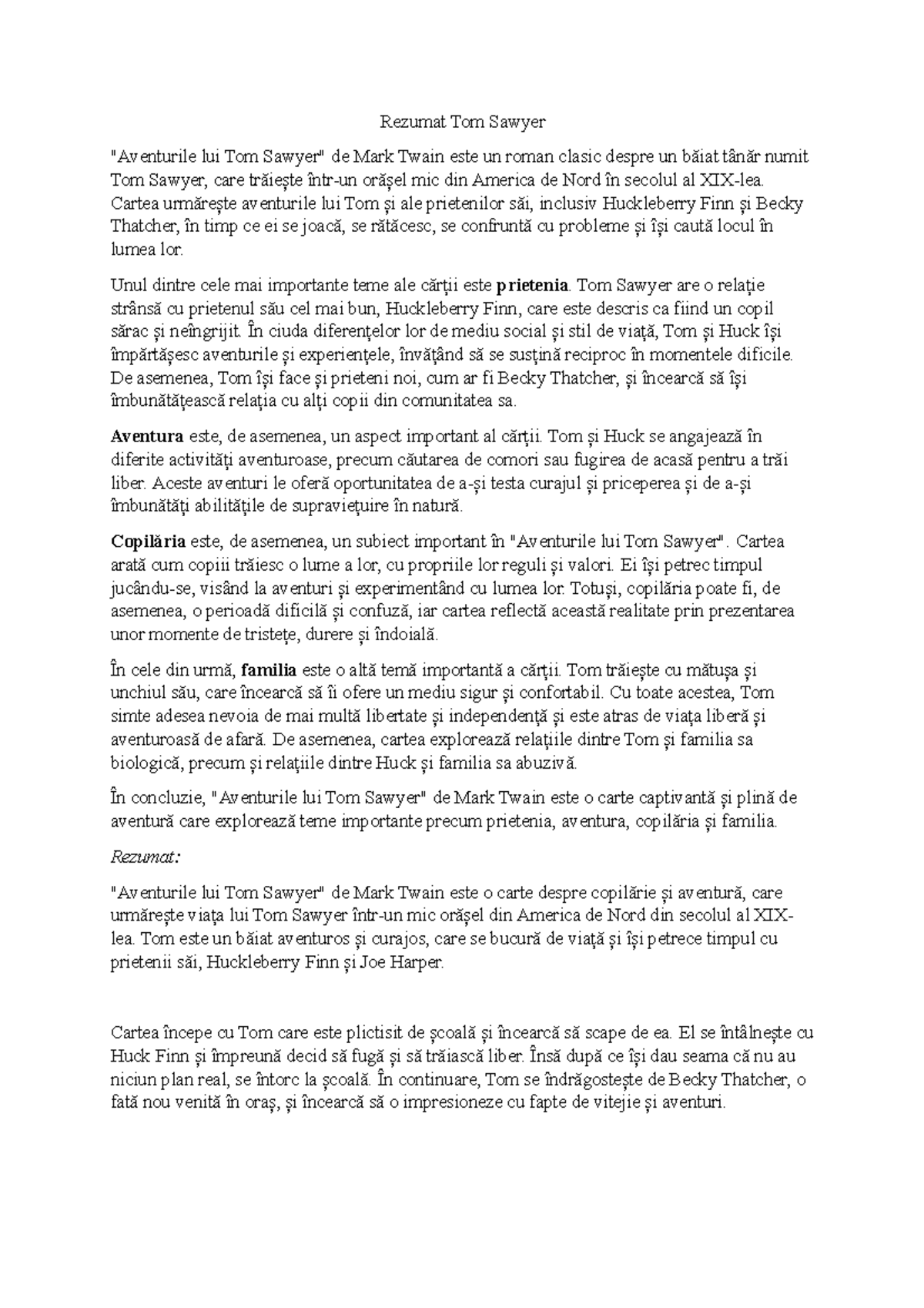 Rezumat Tom Sawyer ok. Rezumat Tom Sawyer "Aventurile lui Tom