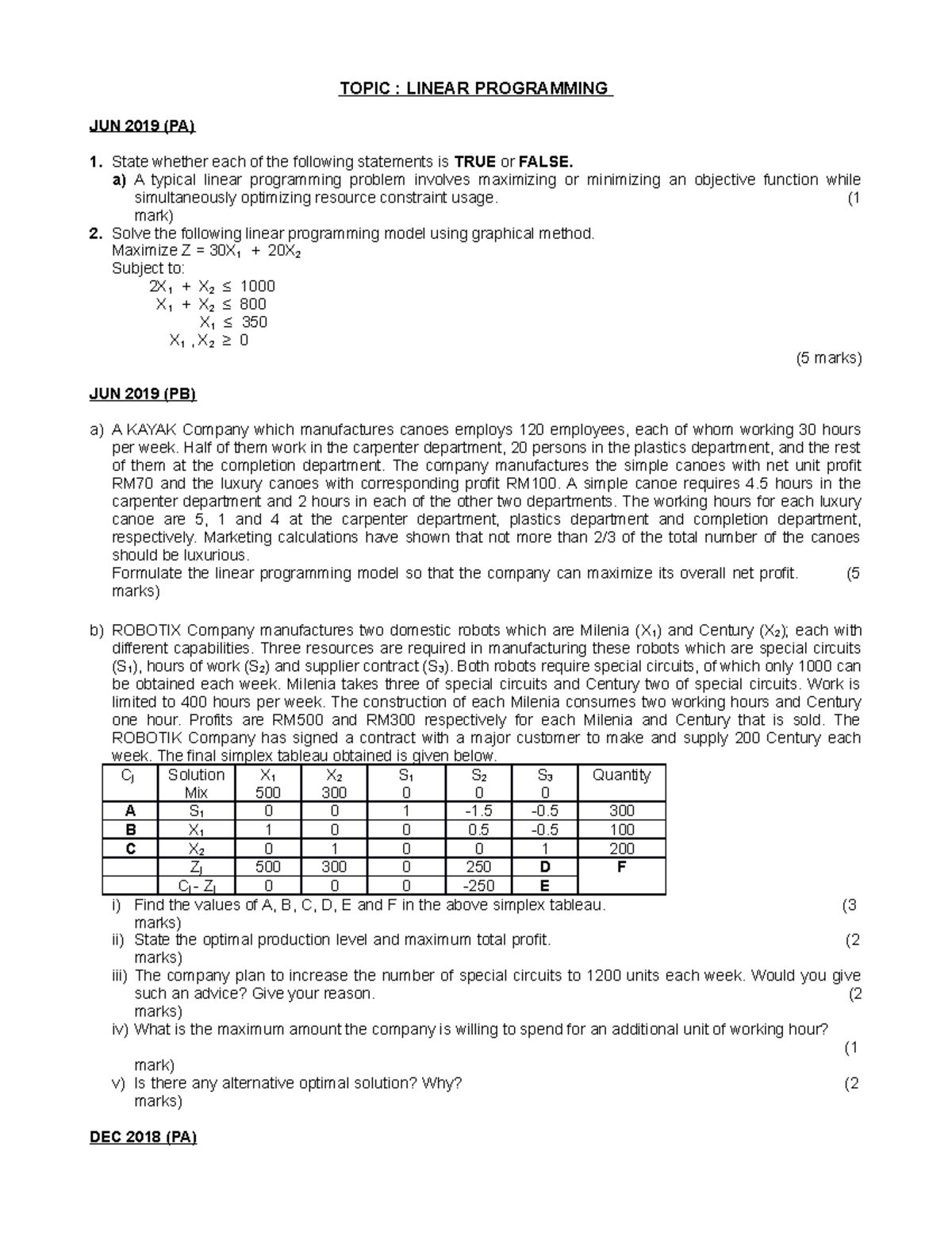 Tutorial 2 - TOPIC : LINEAR PROGRAMMING JUN 2019 (PA) 1. State whether ...