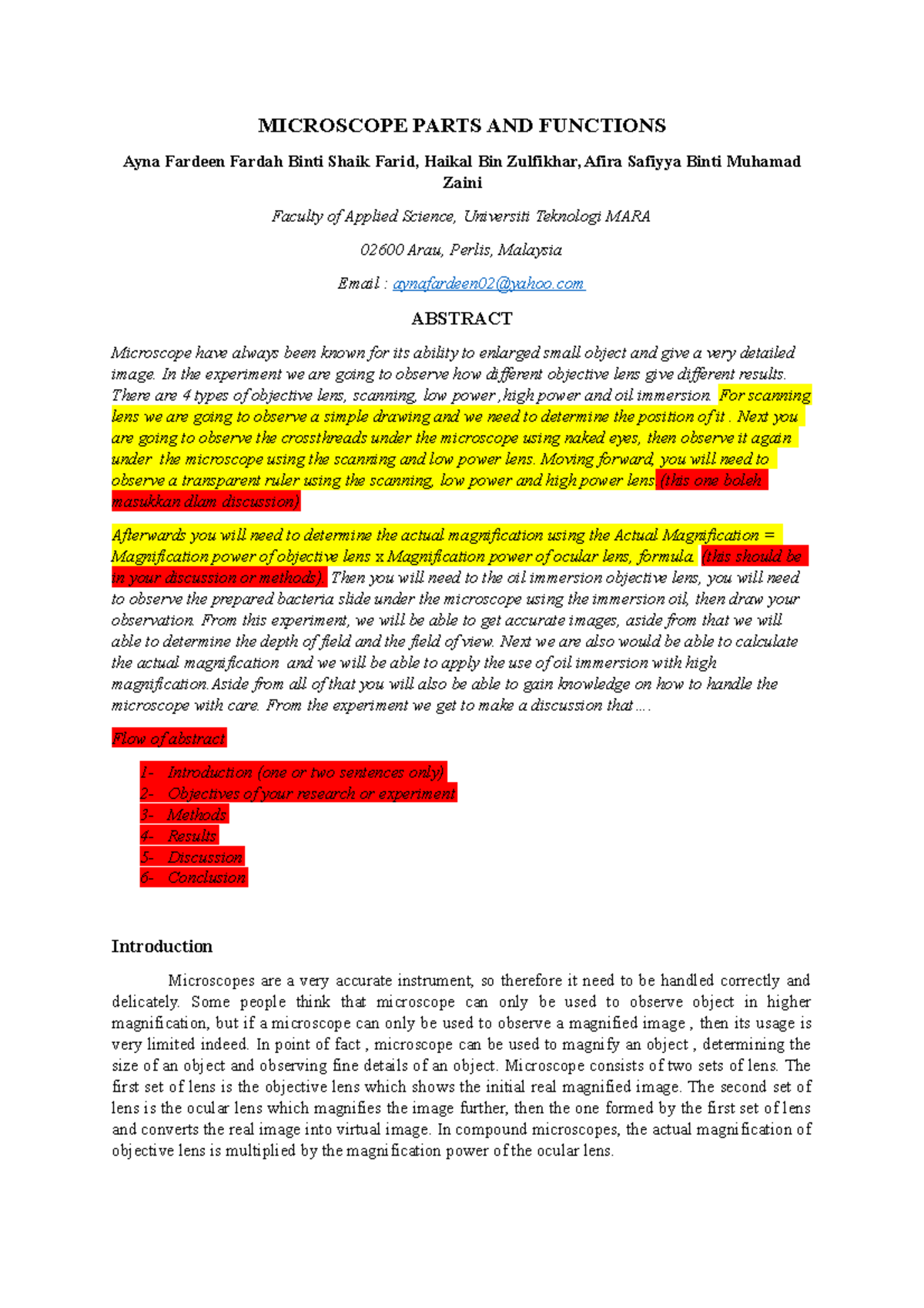 Microscope Parts AND Functions BIO 400 , EXPERIMENT SEMESTER 1 ...