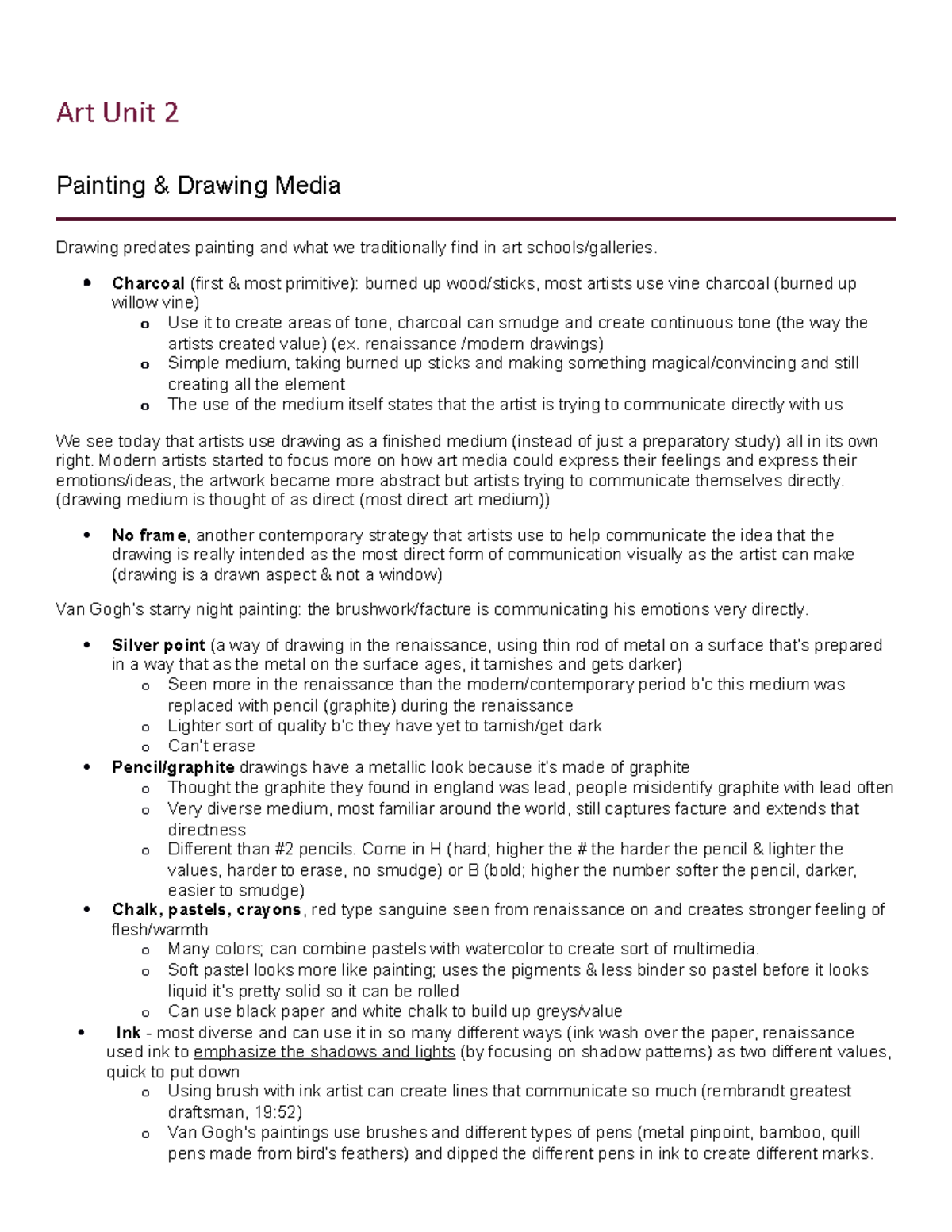 Art Unit 2 - Lectures for Test 2 - Art Unit 2 Painting & Drawing Media ...