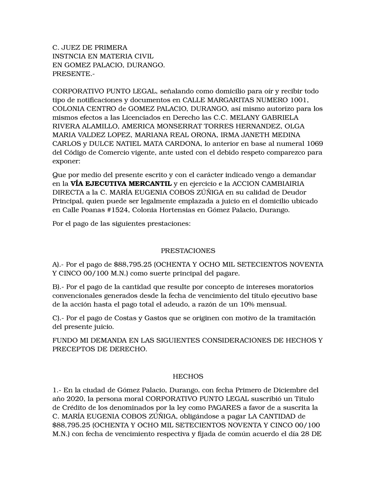 Demanda de juicio ejecutivo mercantil pagare - C. JUEZ DE PRIMERA ...