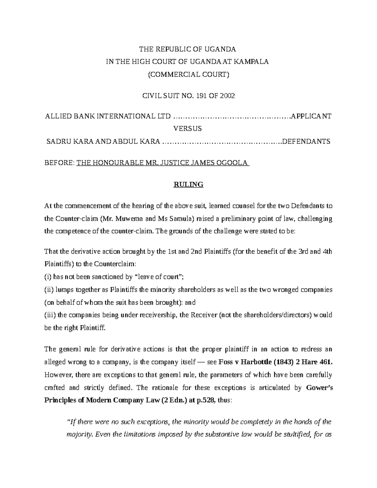 Allied Bank International Ltd v Sadru Kara and Anor. Civil Suit No. 191 ...
