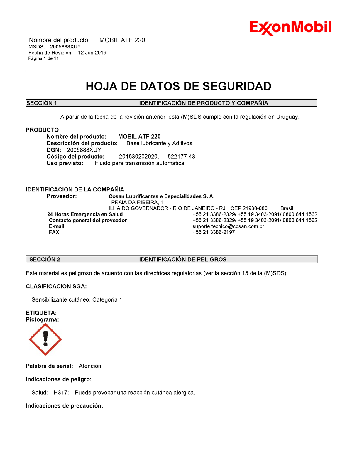 Msds 757423 Hoja De Datos De Seguridad Mobil Atf 220 Msds 2005888xuy Fecha De Revisión 0138