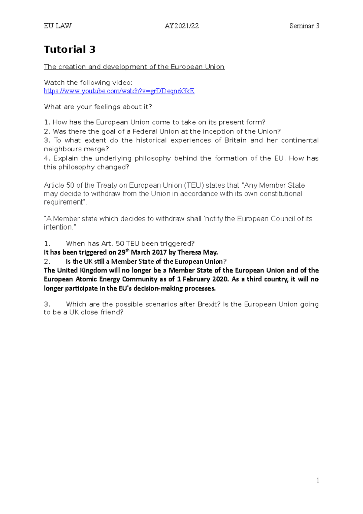 EU Law Seminar 3 - The above document has semanires - EU LAW AY2021/22 ...