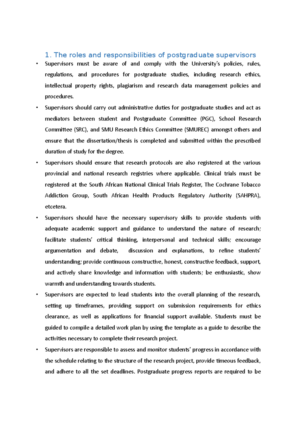 The Roles And Responsibilities Of Postgraduate Supervisors 1 The