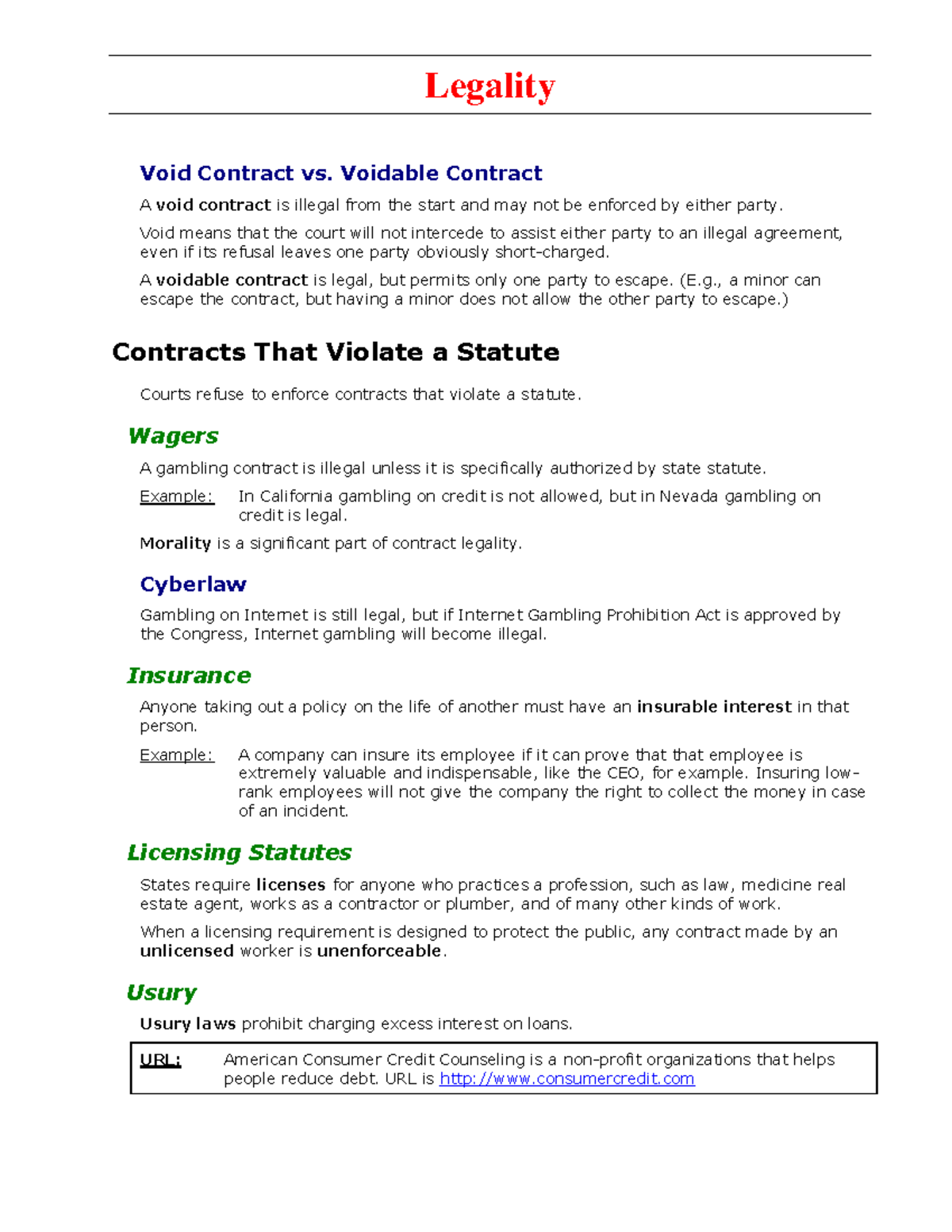 Ch13 Legality business law and ethics Legality Void Contract vs