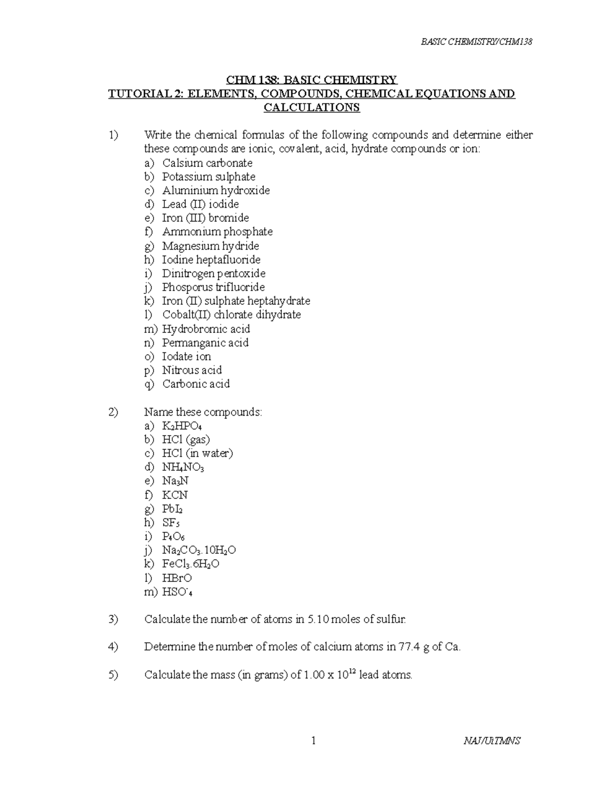 Tutorial Chapter 2 - CHM 138: BASIC CHEMISTRY TUTORIAL 2: ELEMENTS ...