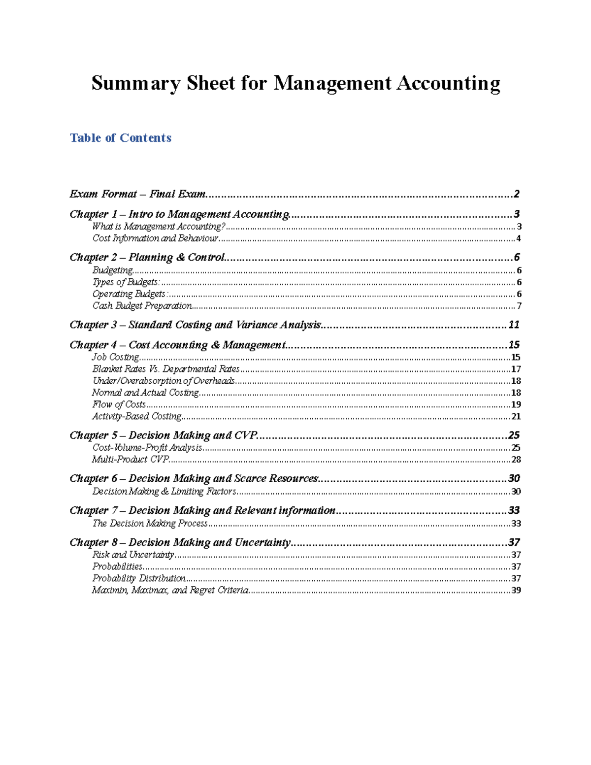 Summary Sheet for Management Accounting - - Studocu