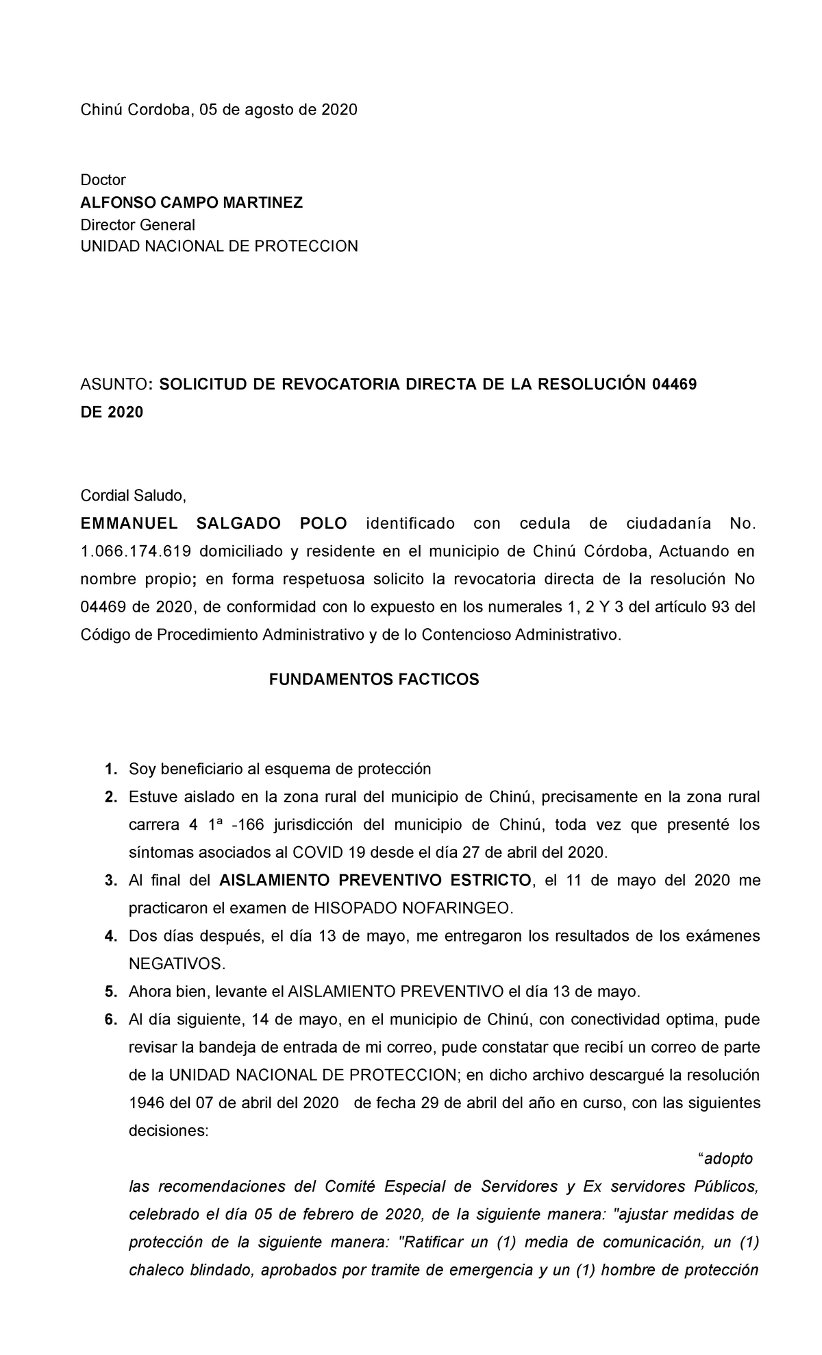 Solicitud De Revocatoria Directa Chinú Cordoba 05 De Agosto De 2020