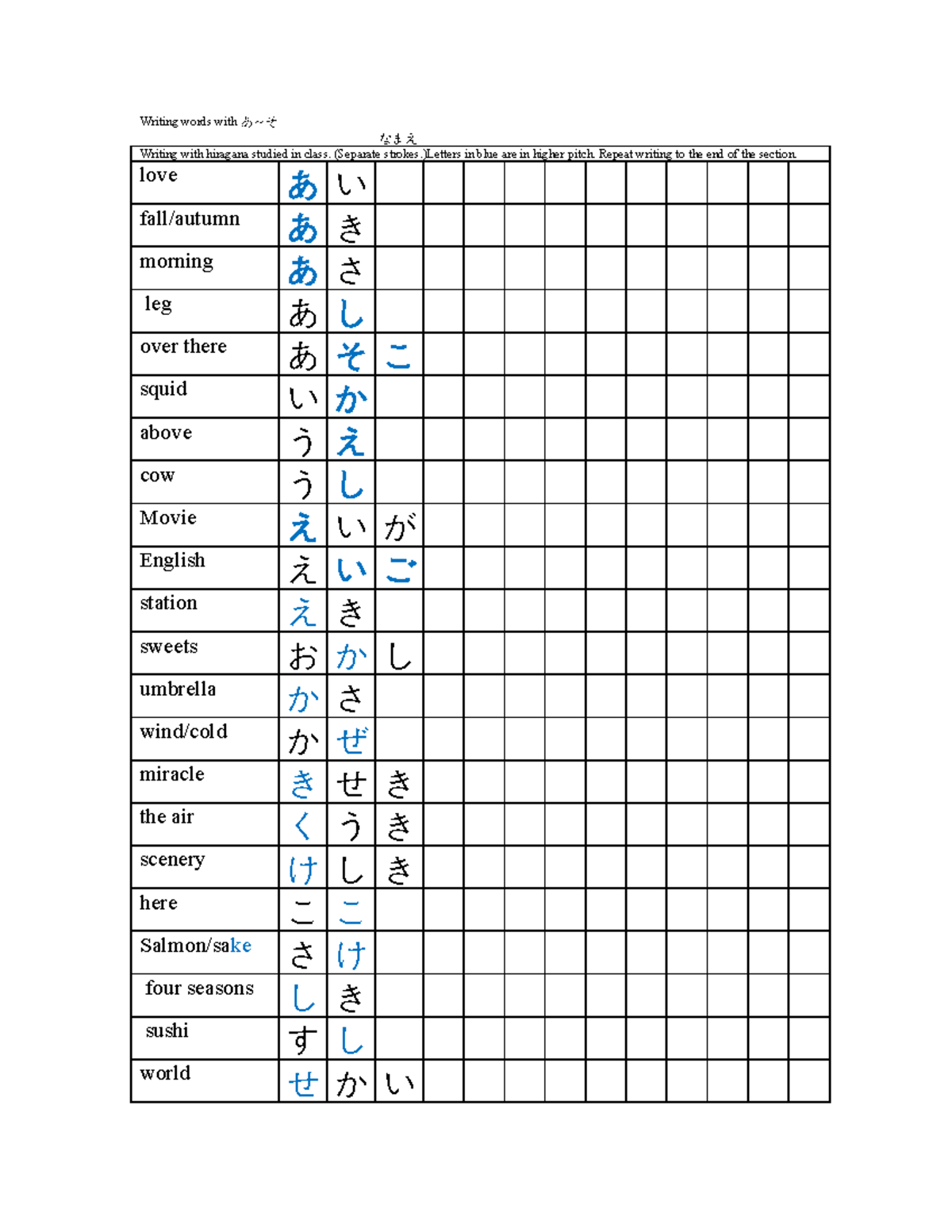 Words あ～そ - practice worksheet - Writing words with あ～そ なまえ ...