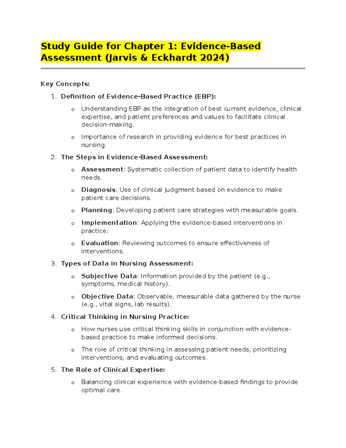 Study+Guide+for+Unit+1 - Study Guide for Chapter 1: Evidence-Based ...