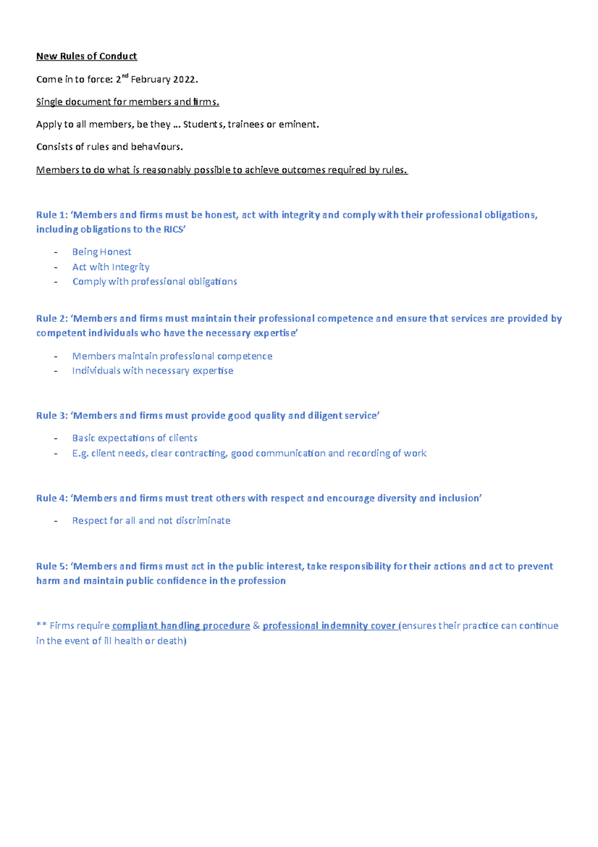 RICS - New Rules of Conduct Notes - New Rules of Conduct Come in to ...