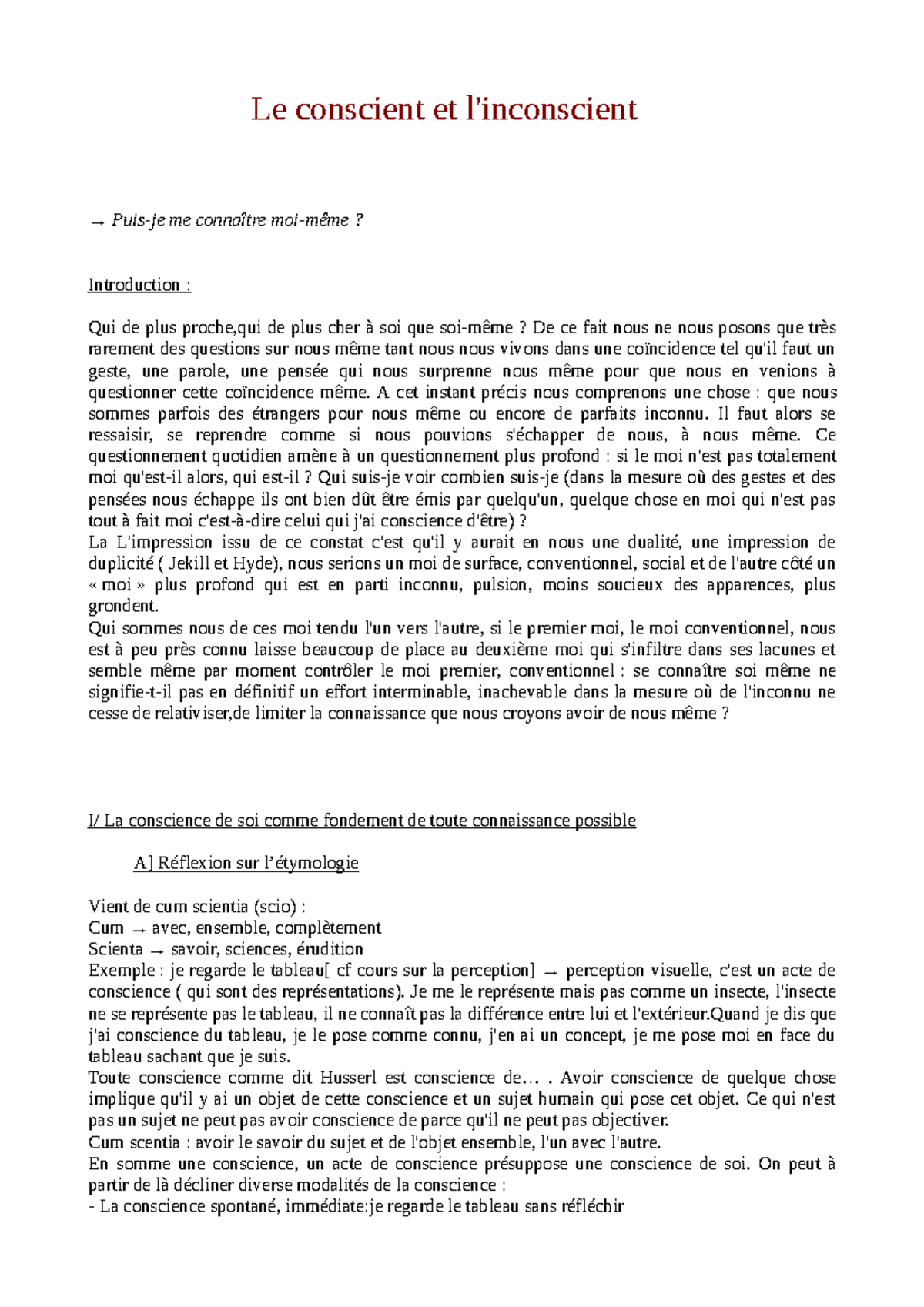 exemple de dissertation sur la conscience et l'inconscient