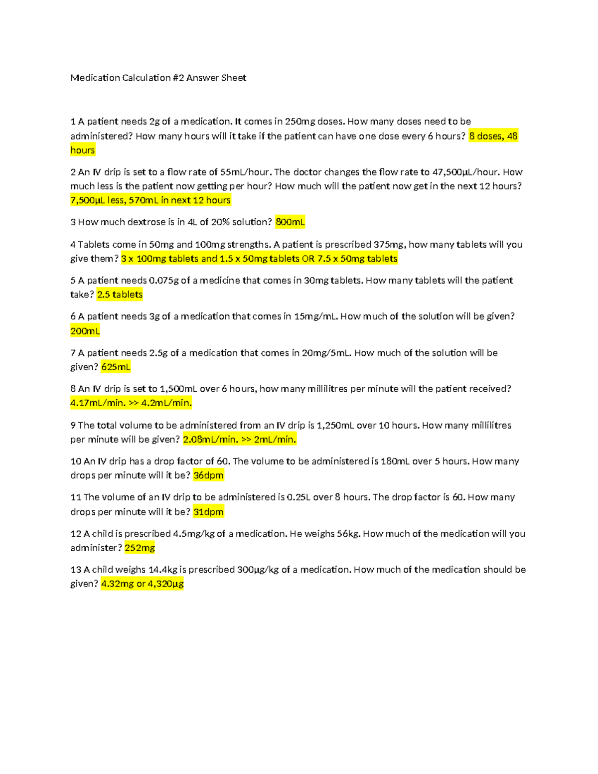Medication Calculation #2 Answer Sheet - It comes in 250mg doses. How ...