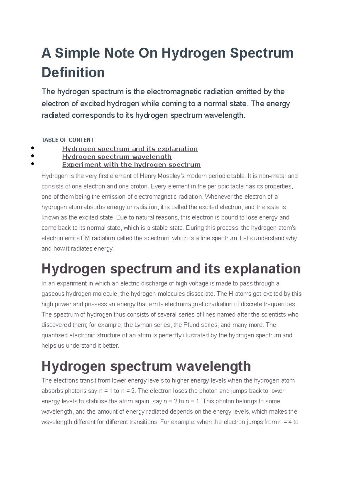 A Simple Note On Hydrogen Spectrum Definition A Simple Note On