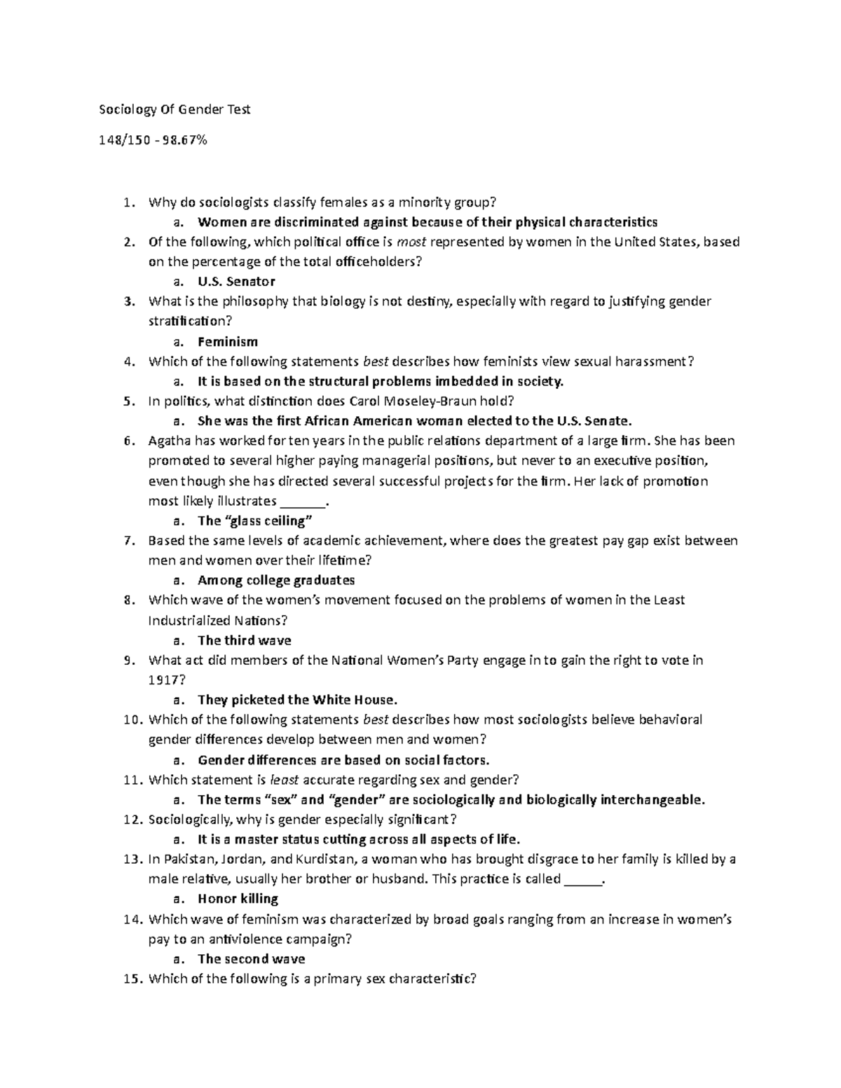 Sociology Of Gender Test (Final) Sociology Of Gender Test 148/150