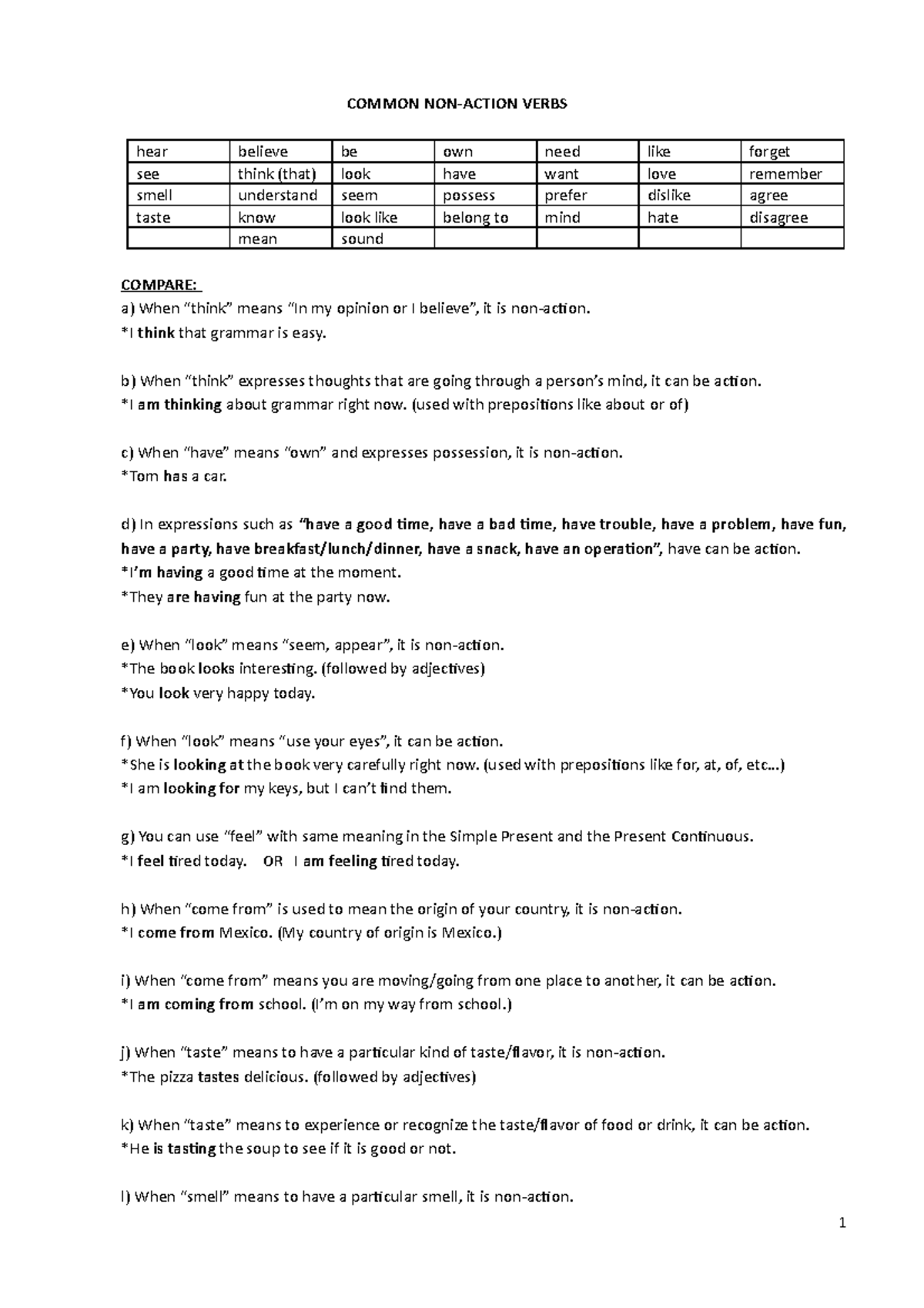 Action non Action Verbs Practice COMMON NONACTION VERBS hear