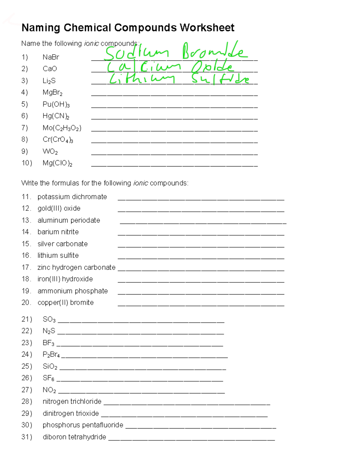 Naming-compounds in a chemical reaction basic chemistry - Naming Chemical  Compounds Worksheet Name - Studocu