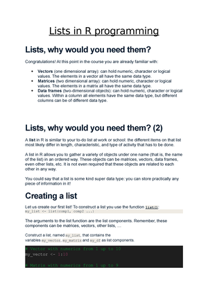 Lists In R Programming - Lists In R Programming Lists, Why Would You Need  Them? Congratulations! At - Studocu