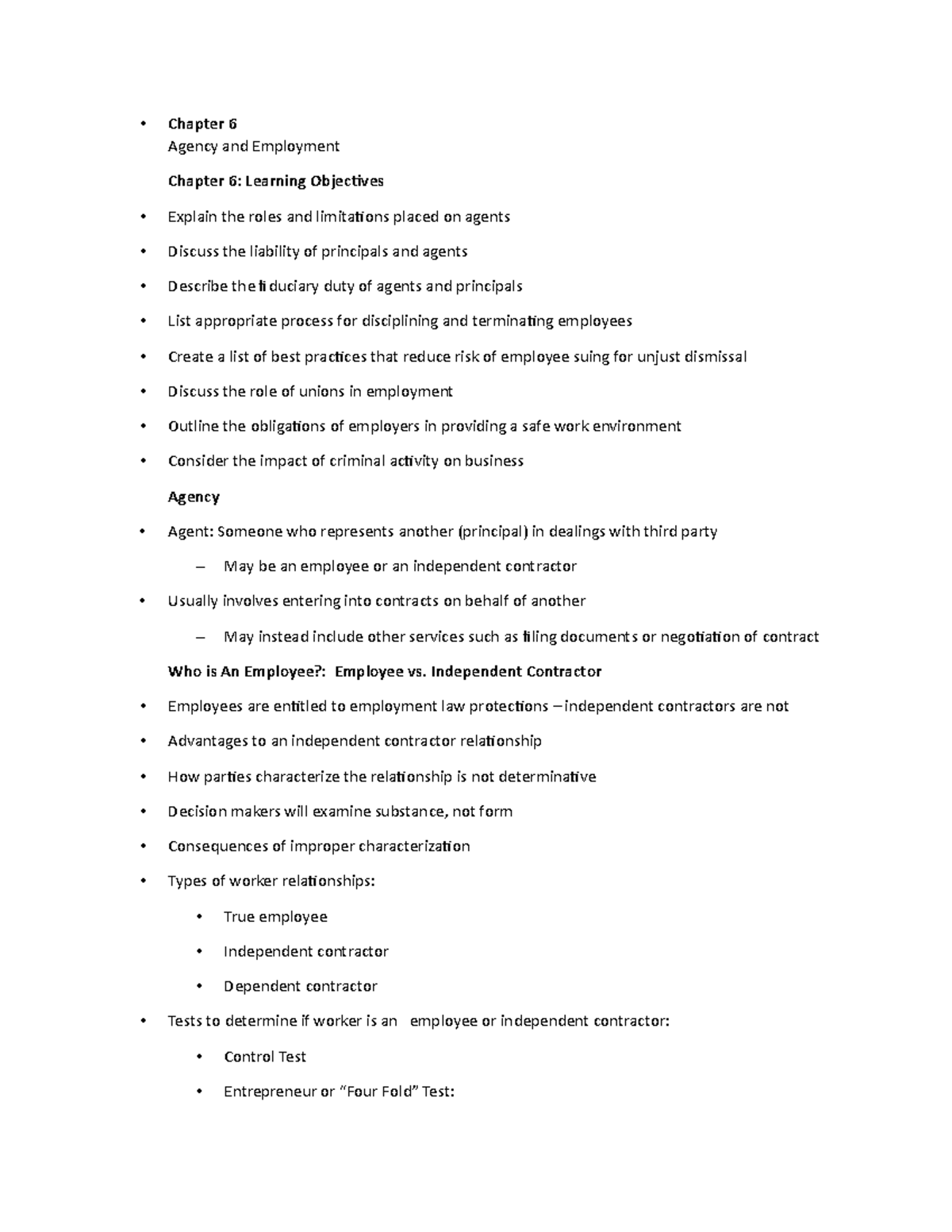 MOS 2275 - Notes Chapter 6 - Chapter 6 Agency and Employment Chapter 6 ...
