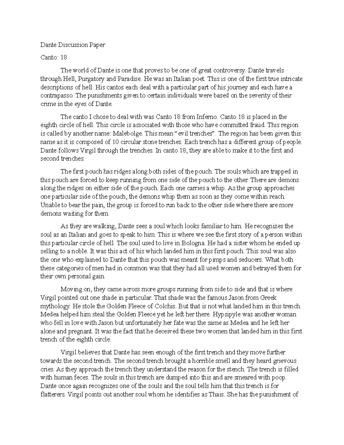 Dante Discussion Paper Dante Discussion Paper Canto 18 The world of