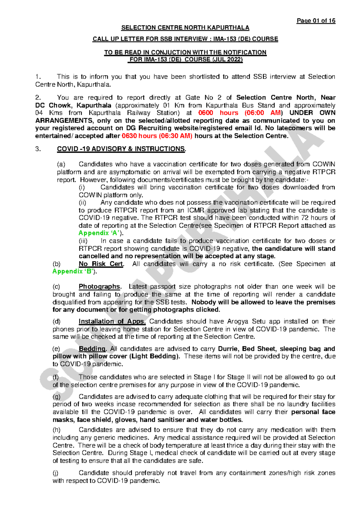 CALL UP Letter SCN Kapurthala FOR IMA 153(DE) Course - SELECTION CENTRE ...